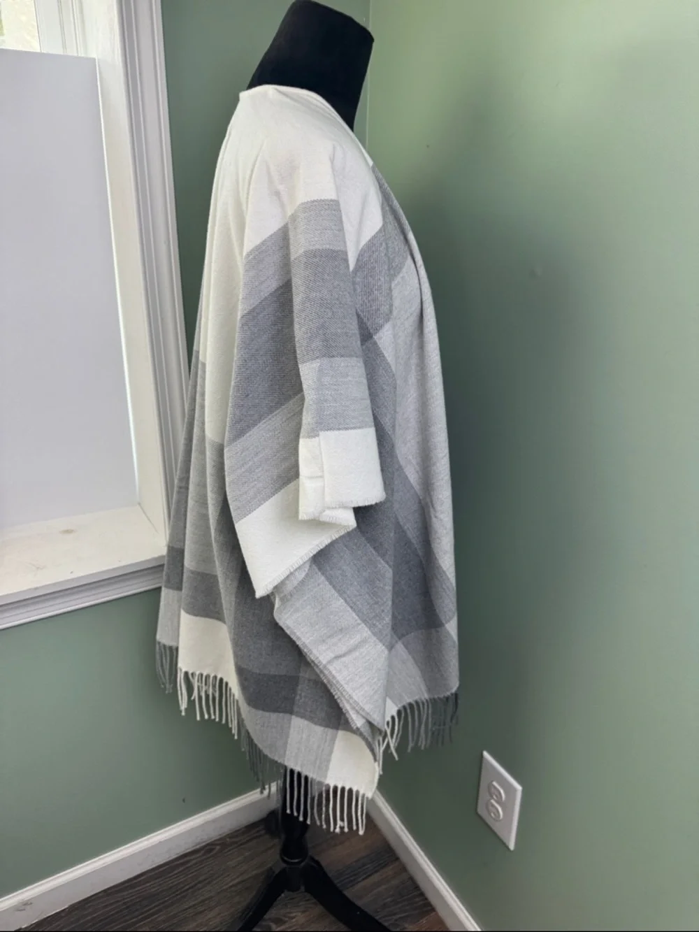 a new day Gray Plaid Fringe Poncho Wrap